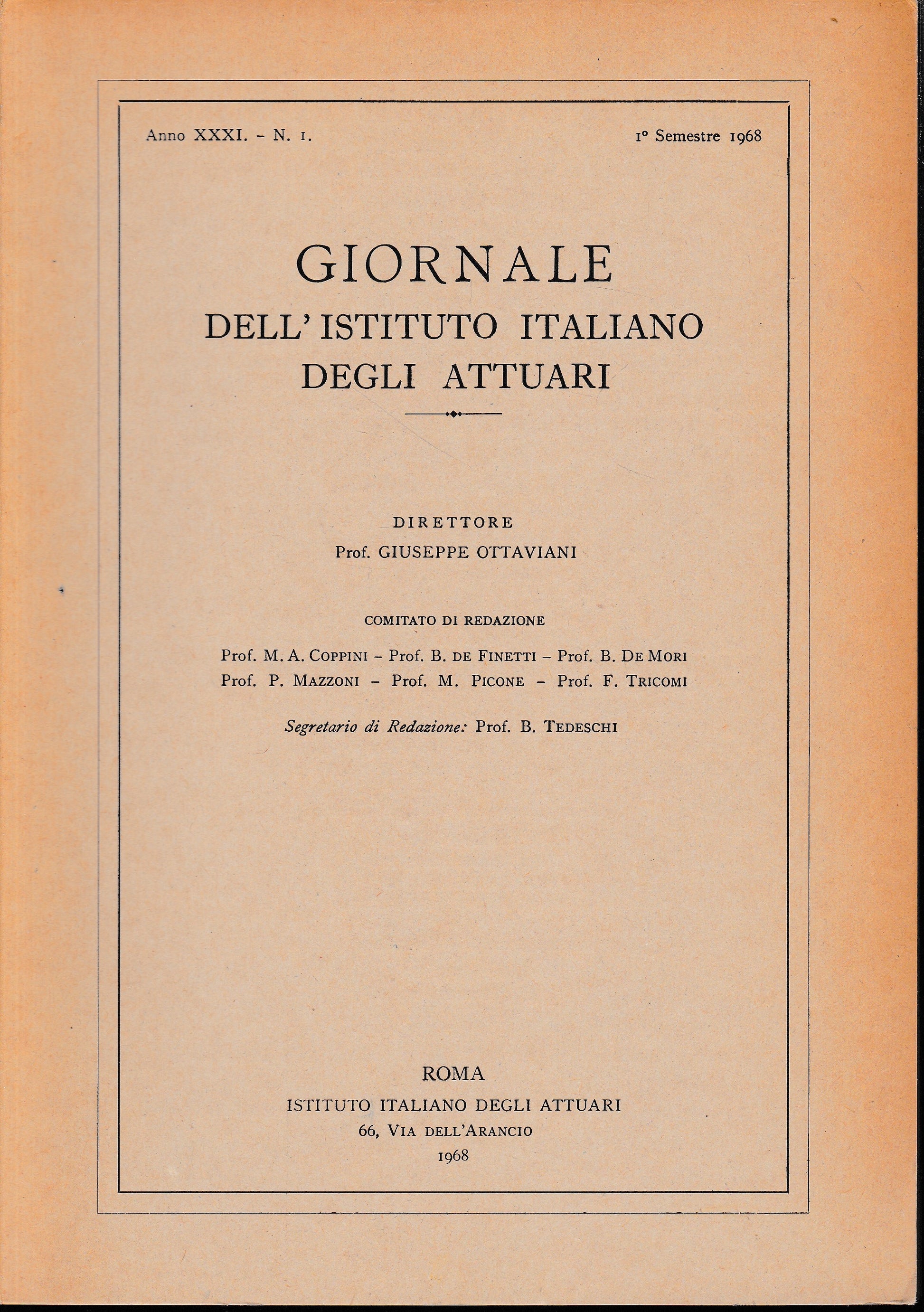 Giornale dell'Istituto Italiano degli Attuari. Anno XXXI - n. 1, 1° semestre 1968 - copertina