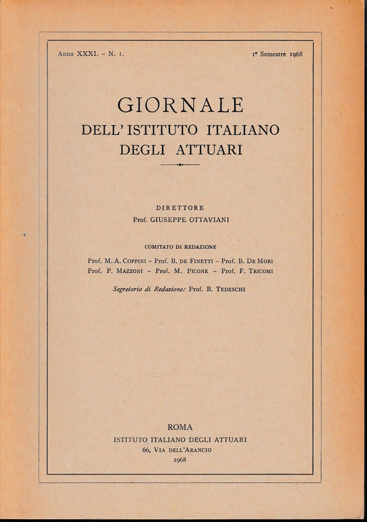 Giornale dell'Istituto Italiano degli Attuari. Anno XXXI - n. 1, 1° semestre 1968 - copertina