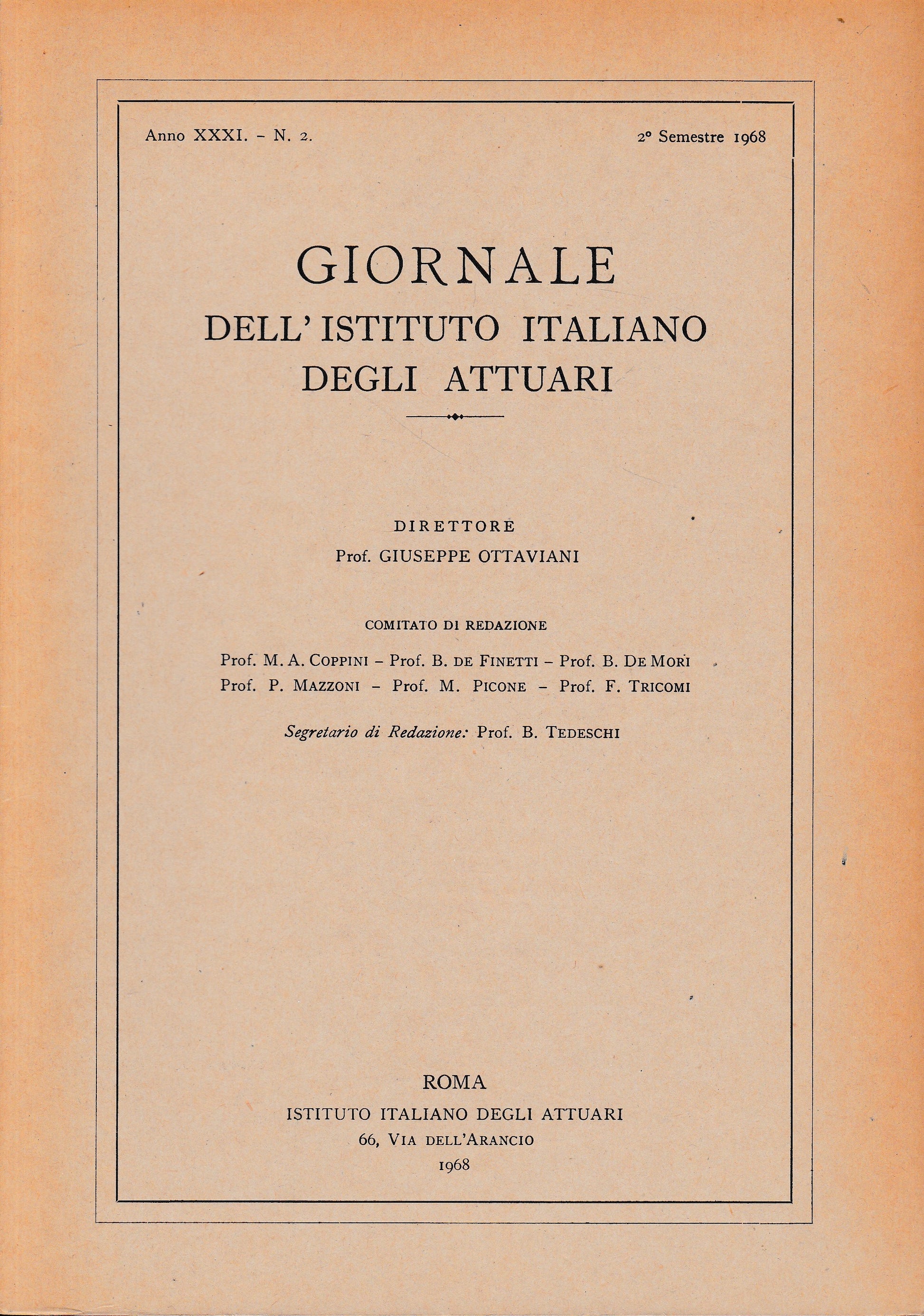 Giornale dell'Istituto Italiano degli Attuari. Anno XXXI- n. 2, 2° semestre 1968 - copertina