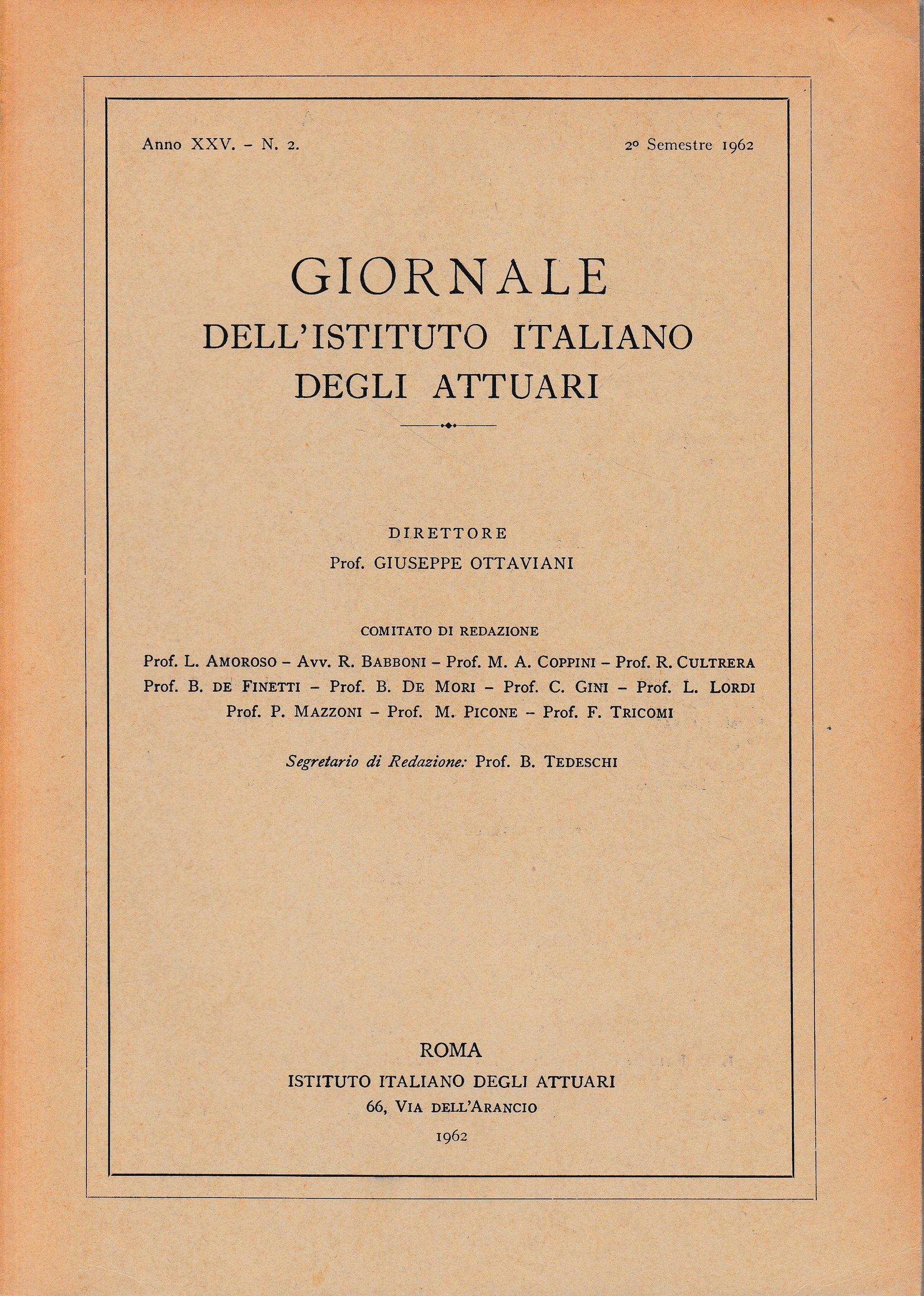 Giornale dell'Istituto Italiano degli Attuari. Anno XXV - n. 2, 2° semestre 1962 - copertina