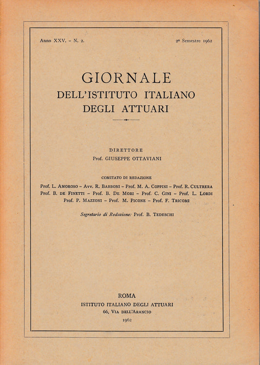 Giornale dell'Istituto Italiano degli Attuari. Anno XXV - n. 2, 2° semestre 1962 - copertina