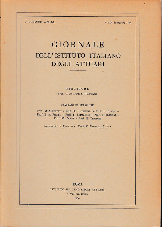 Giornale dell'Istituto Italiano degli Attuari. Anno XXXVI - n. 1-2, 1°e 2° semestre 1974 (bilingue Italiano, Inglese) - copertina