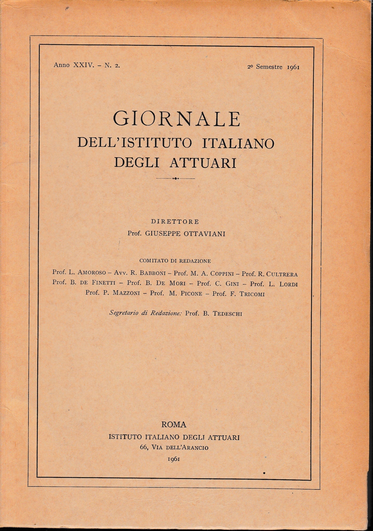 Giornale dell'Istituto Italiano degli Attuari. Anno XXIV - n. 2, 2° semestre 1961 - copertina
