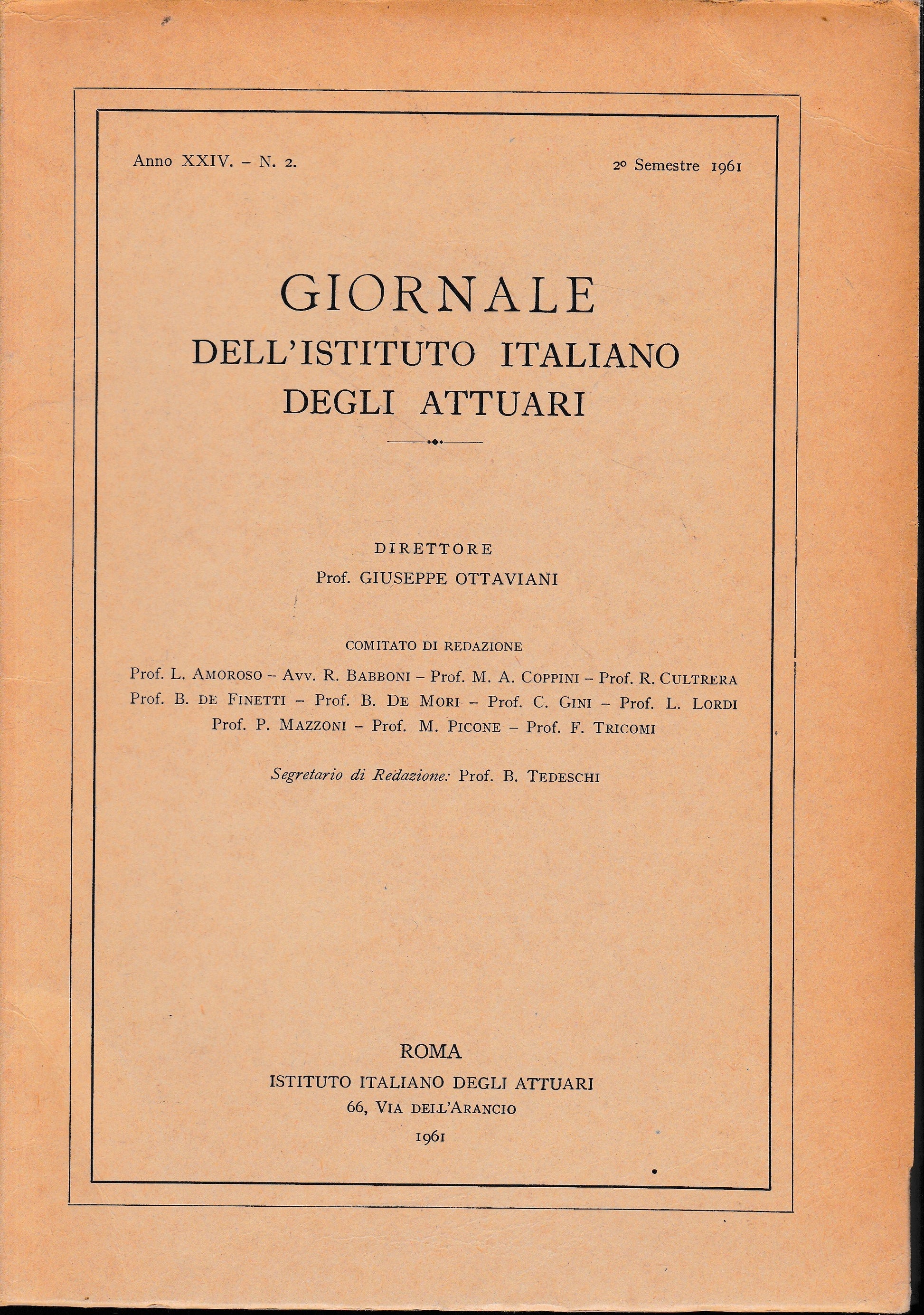 Giornale dell'Istituto Italiano degli Attuari. Anno XXIV - n. 2, 2° semestre 1961 - copertina