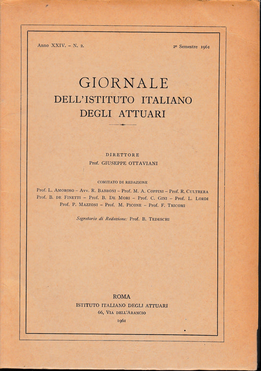Giornale dell'Istituto Italiano degli Attuari. Anno XXIV - n. 2, 2° semestre 1961 - copertina