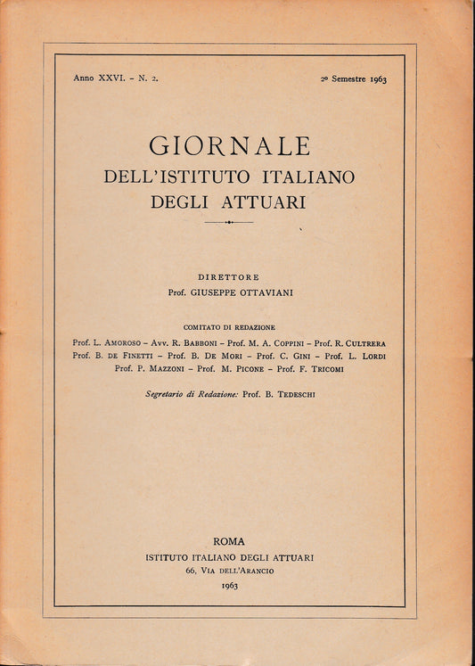 Giornale dell'Istituto Italiano degli Attuari. Anno XXVI - n. 2, 2° semestre 1963 (bilingue Italiano, Inglese) - copertina