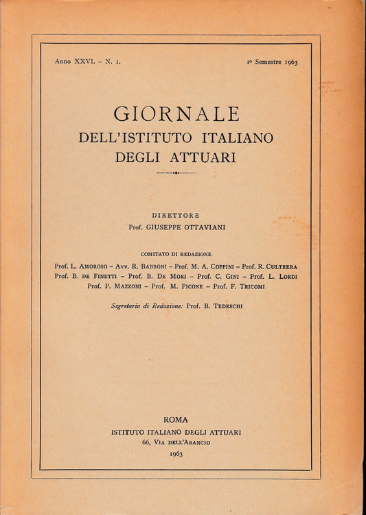 Giornale dell'Istituto Italiano degli Attuari. Anno XXVI - n. 1, 1° semestre 1963 - copertina