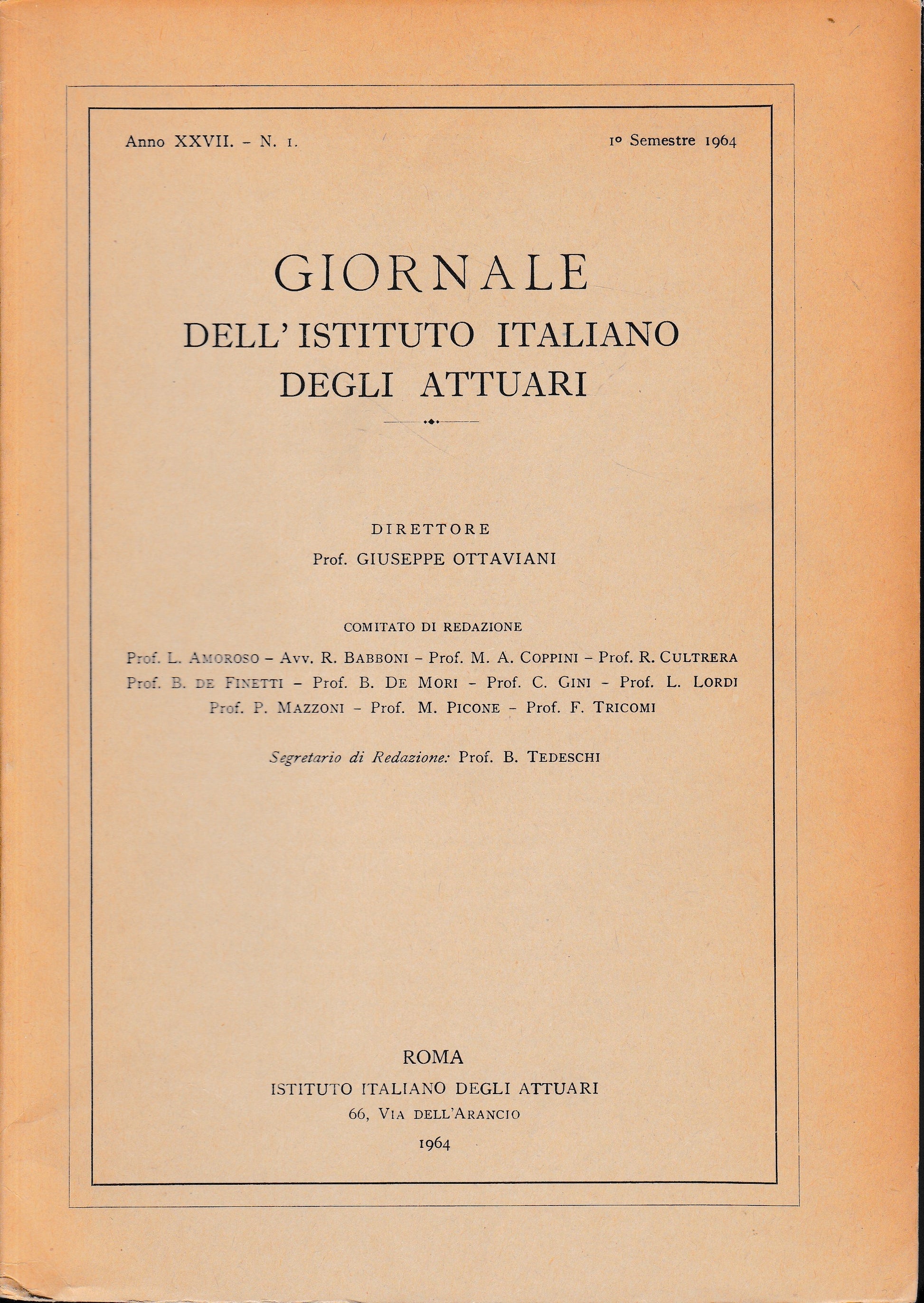Giornale dell'Istituto Italiano degli Attuari. Anno XXVII - n. 1, 1° semestre 1964 (bilingue Italiano, Inglese) - copertina