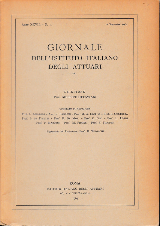 Giornale dell'Istituto Italiano degli Attuari. Anno XXVII - n. 1, 1° semestre 1964 (bilingue Italiano, Inglese) - copertina