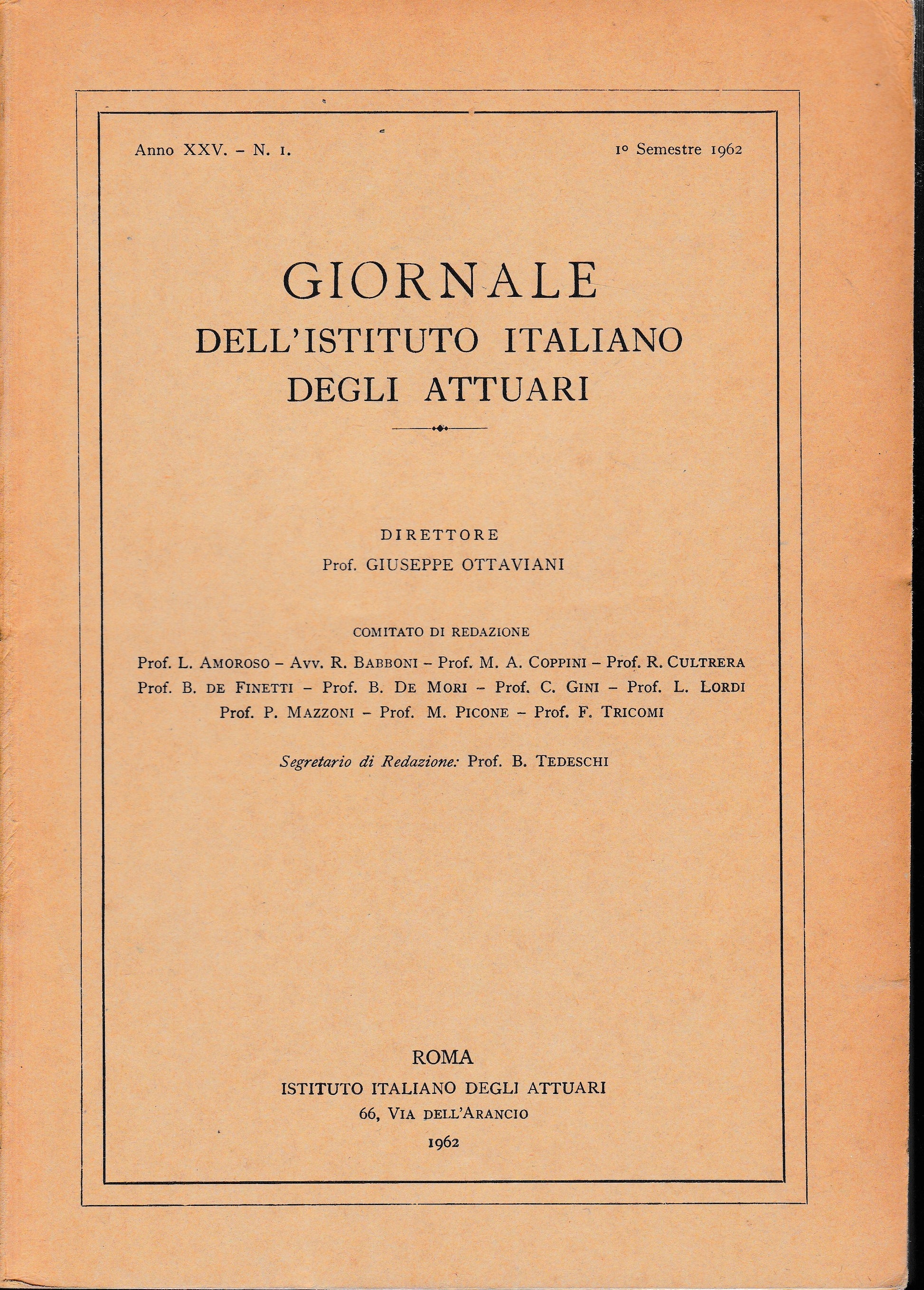 Giornale dell'Istituto Italiano degli Attuari. Anno XXV - n. 1, 1° semestre 1962 - copertina