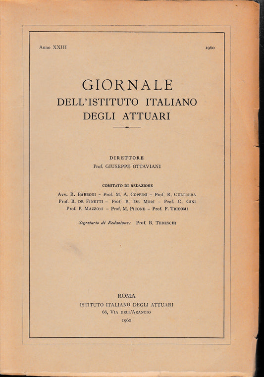 Giornale dell'Istituto Italiano degli Attuari. Anno XXIII - 1960 - copertina