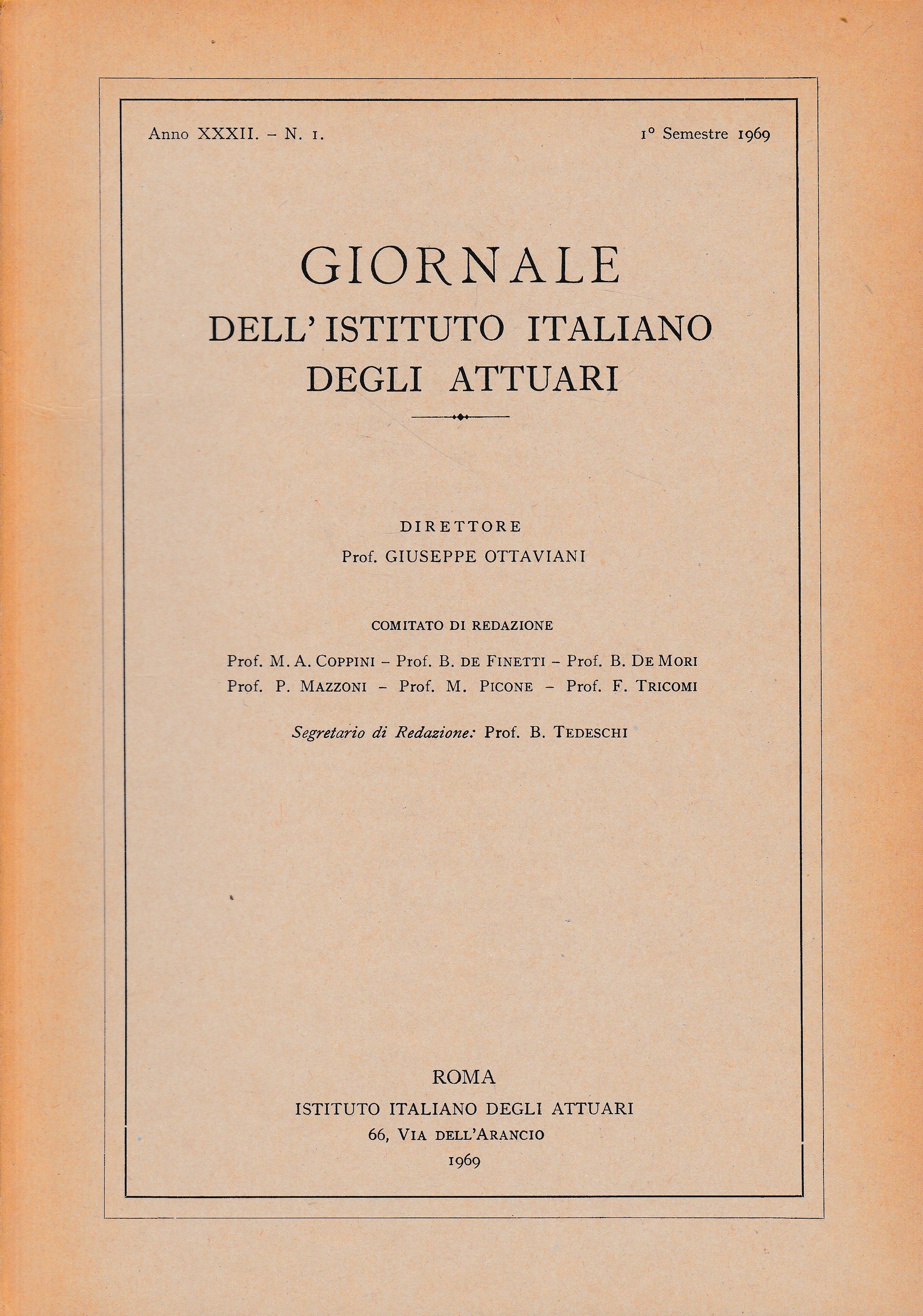 Giornale dell'Istituto Italiano degli Attuari. Anno XXXII - n. 1, 1° semestre 1969 - copertina