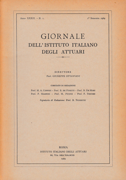 Giornale dell'Istituto Italiano degli Attuari. Anno XXXII - n. 1, 1° semestre 1969 - copertina