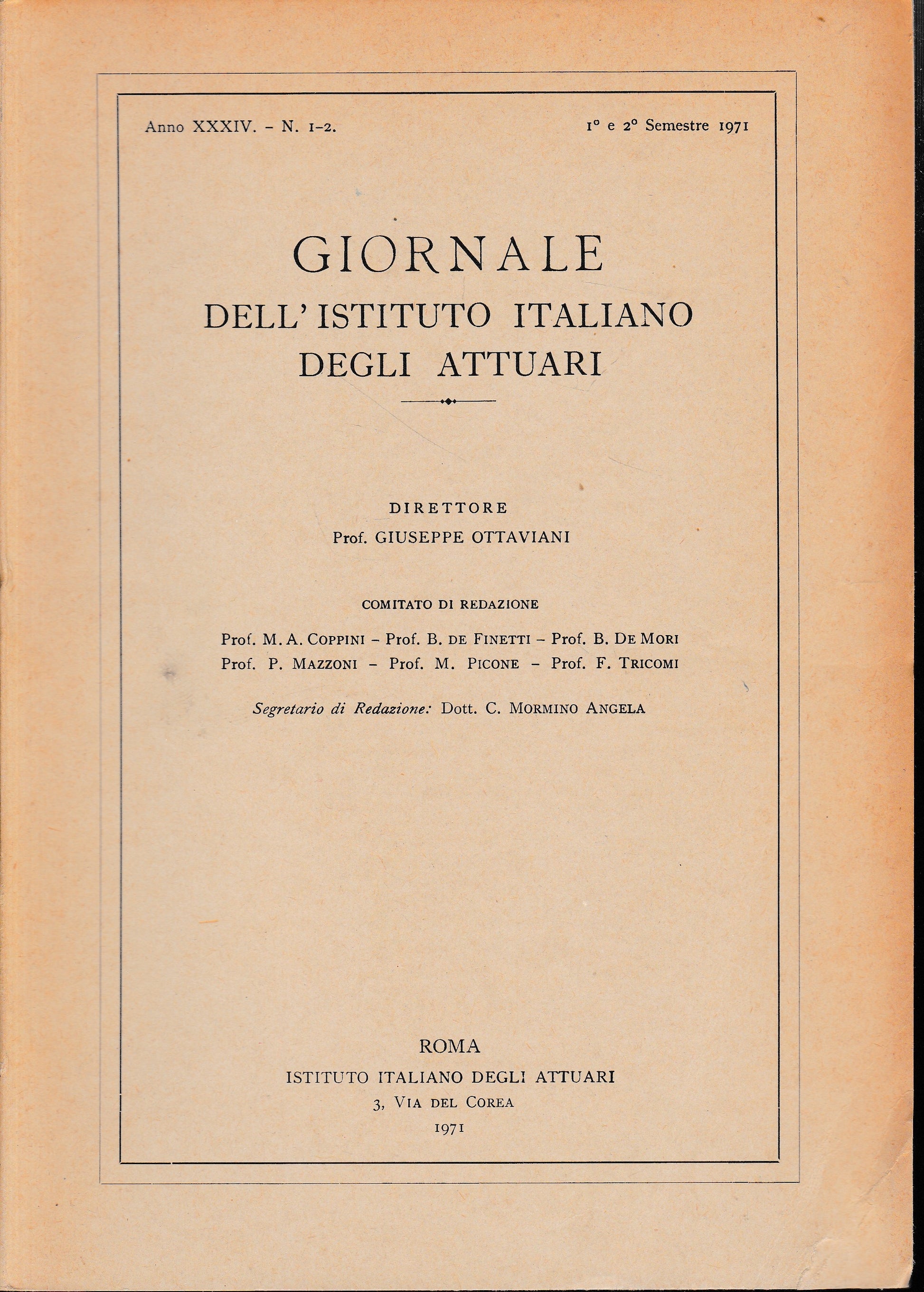 Giornale dell'Istituto Italiano degli Attuari. Anno XXXIV - n. 1-2, 1°e 2° semestre 1971 - copertina