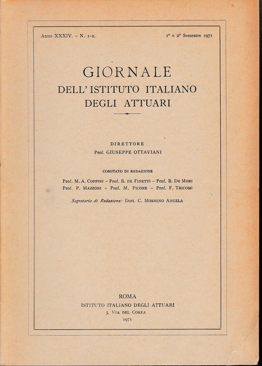 Giornale dell'Istituto Italiano degli Attuari. Anno XXXIV - n. 1-2, 1°e 2° semestre 1971 - copertina