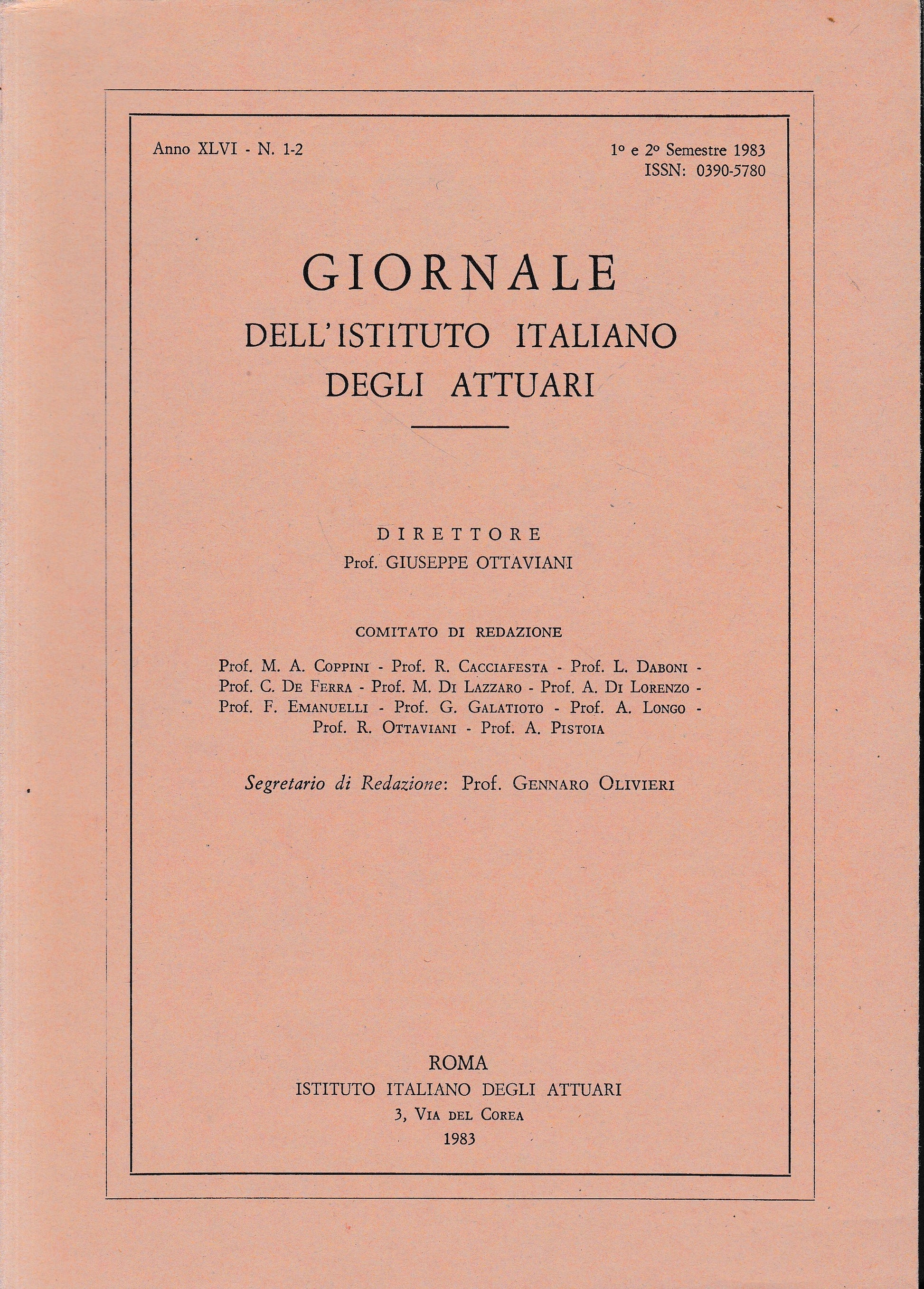 Giornale dell'Istituto Italiano degli Attuari. Anno XLVI - n. 1-2, 1° e 2° semestre 1983 - copertina