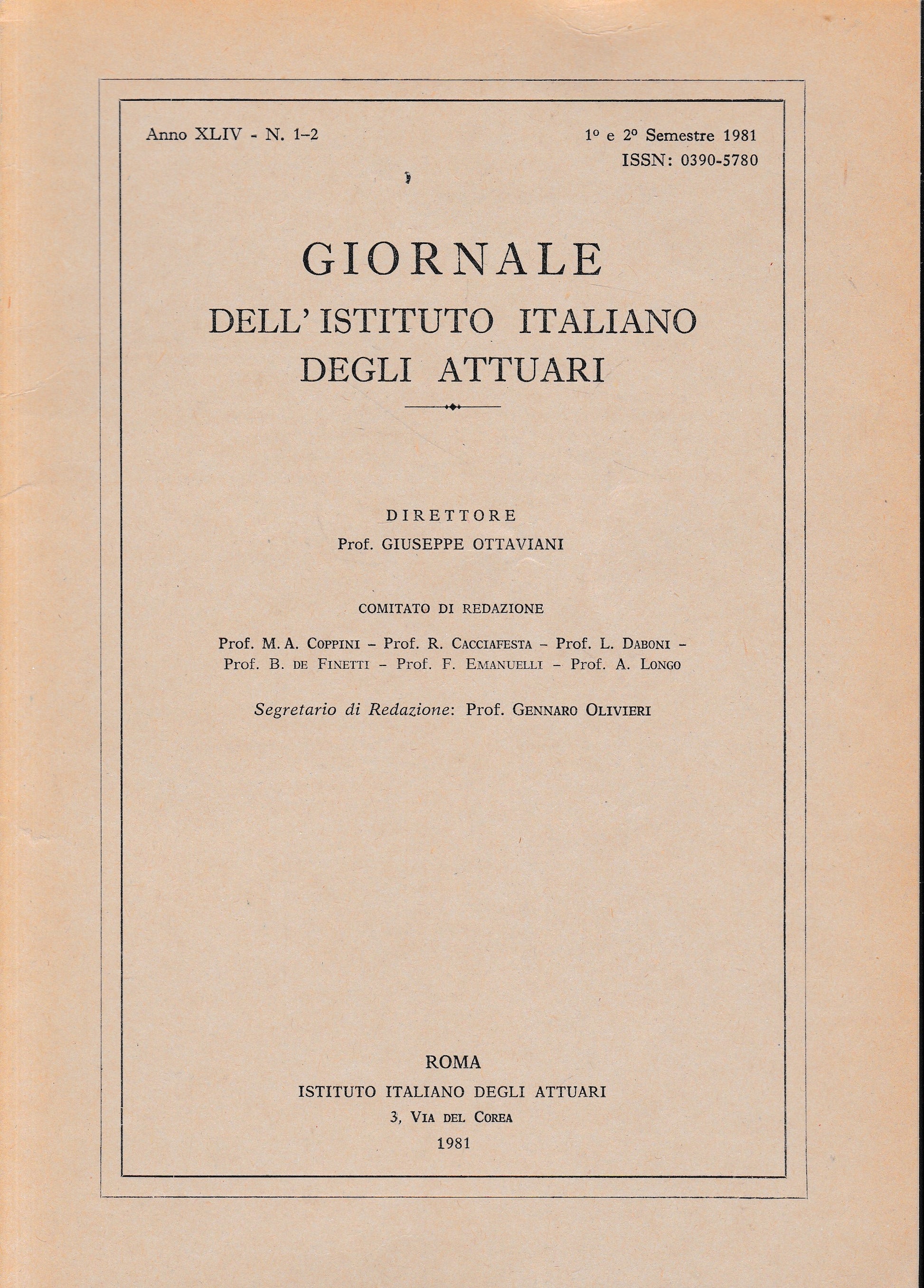 Giornale dell'Istituto Italiano degli Attuari. Anno XLIV - n. 1-2, 1°e 2° semestre 1981 - copertina