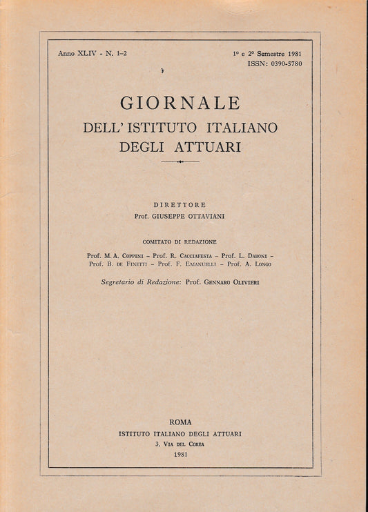 Giornale dell'Istituto Italiano degli Attuari. Anno XLIV - n. 1-2, 1°e 2° semestre 1981 - copertina