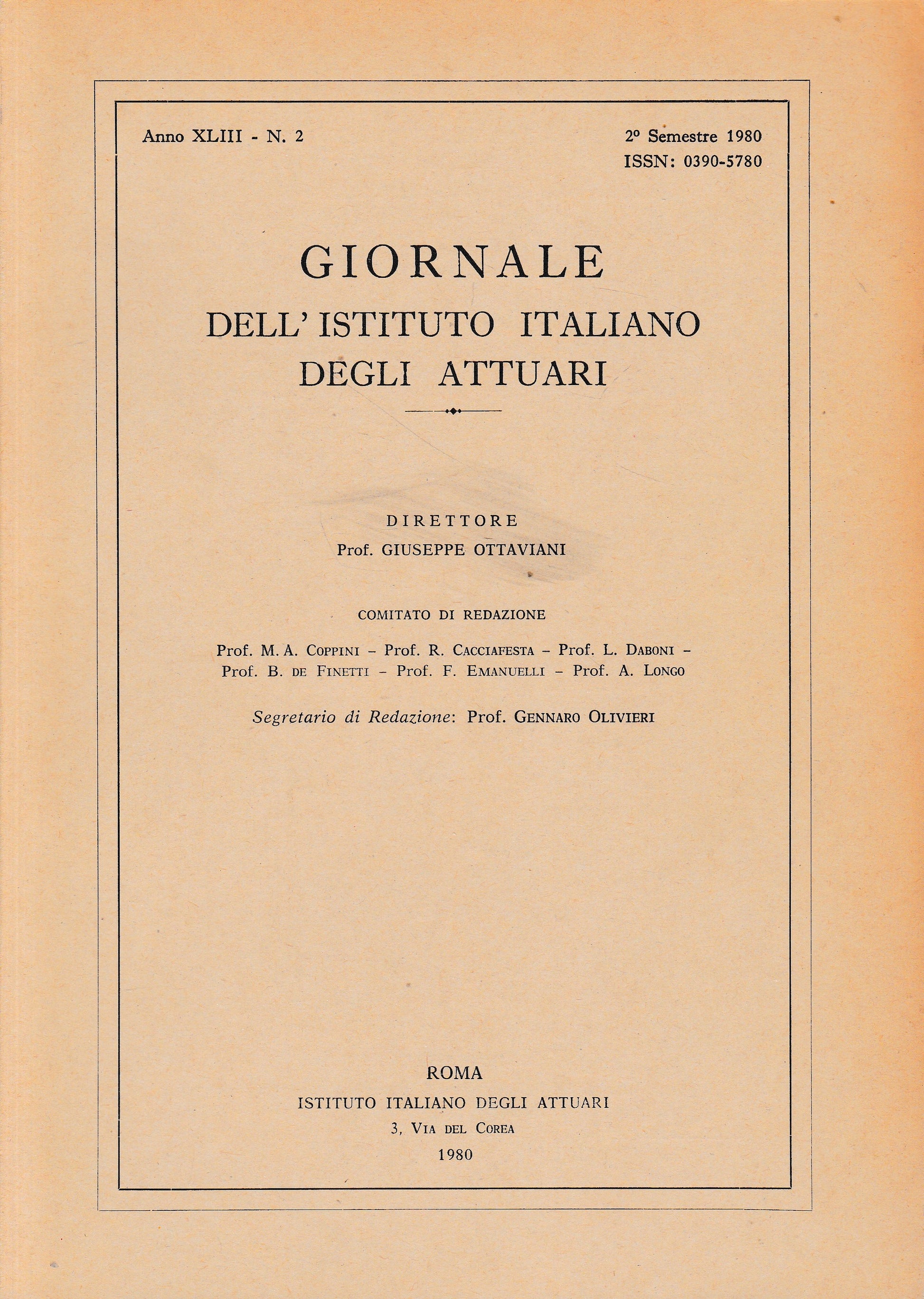 Giornale dell'Istituto Italiano degli Attuari. Anno XLIII - n. 2, 2° semestre 1980 - copertina