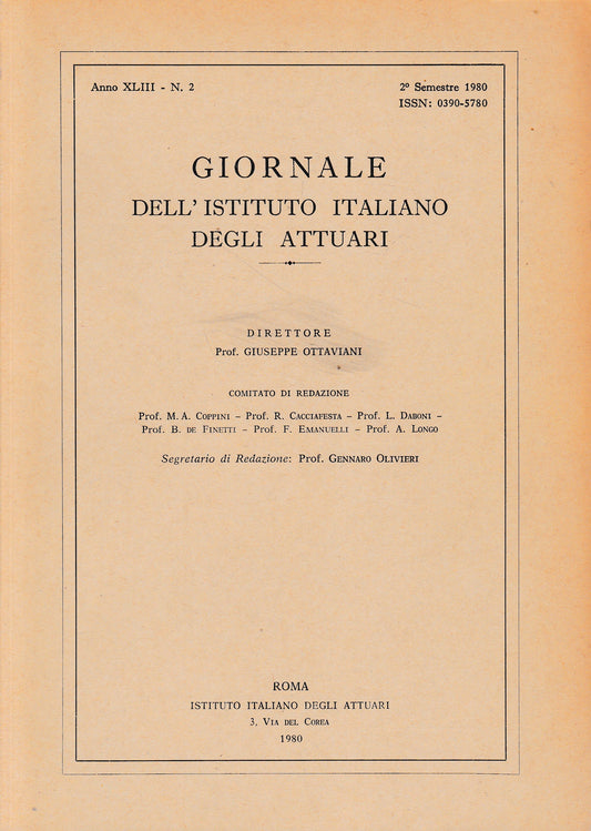 Giornale dell'Istituto Italiano degli Attuari. Anno XLIII - n. 2, 2° semestre 1980 - copertina