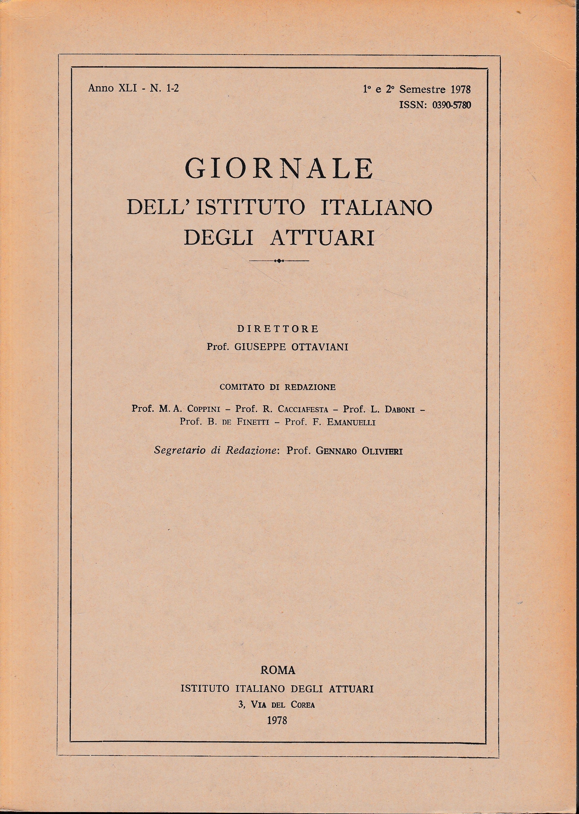 Giornale dell'Istituto Italiano degli Attuari. Anno XLI - n. 1-2, 1° e 2° semestre 1978 - copertina