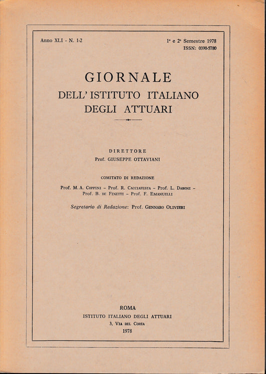 Giornale dell'Istituto Italiano degli Attuari. Anno XLI - n. 1-2, 1° e 2° semestre 1978 - copertina