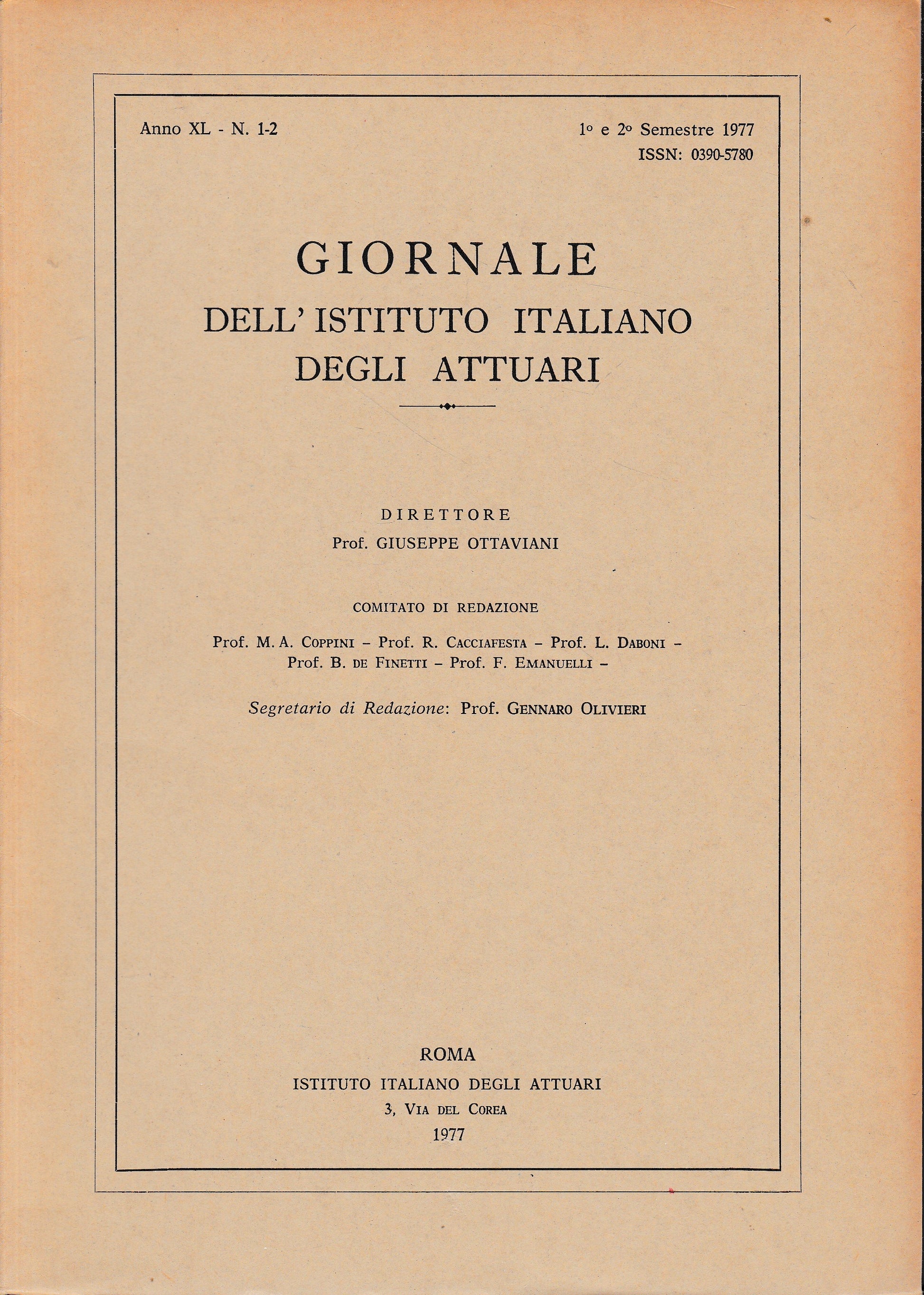Giornale dell'Istituto Italiano degli Attuari. Anno XL - n. 1-2, 1° e 2° semestre 1977 - copertina