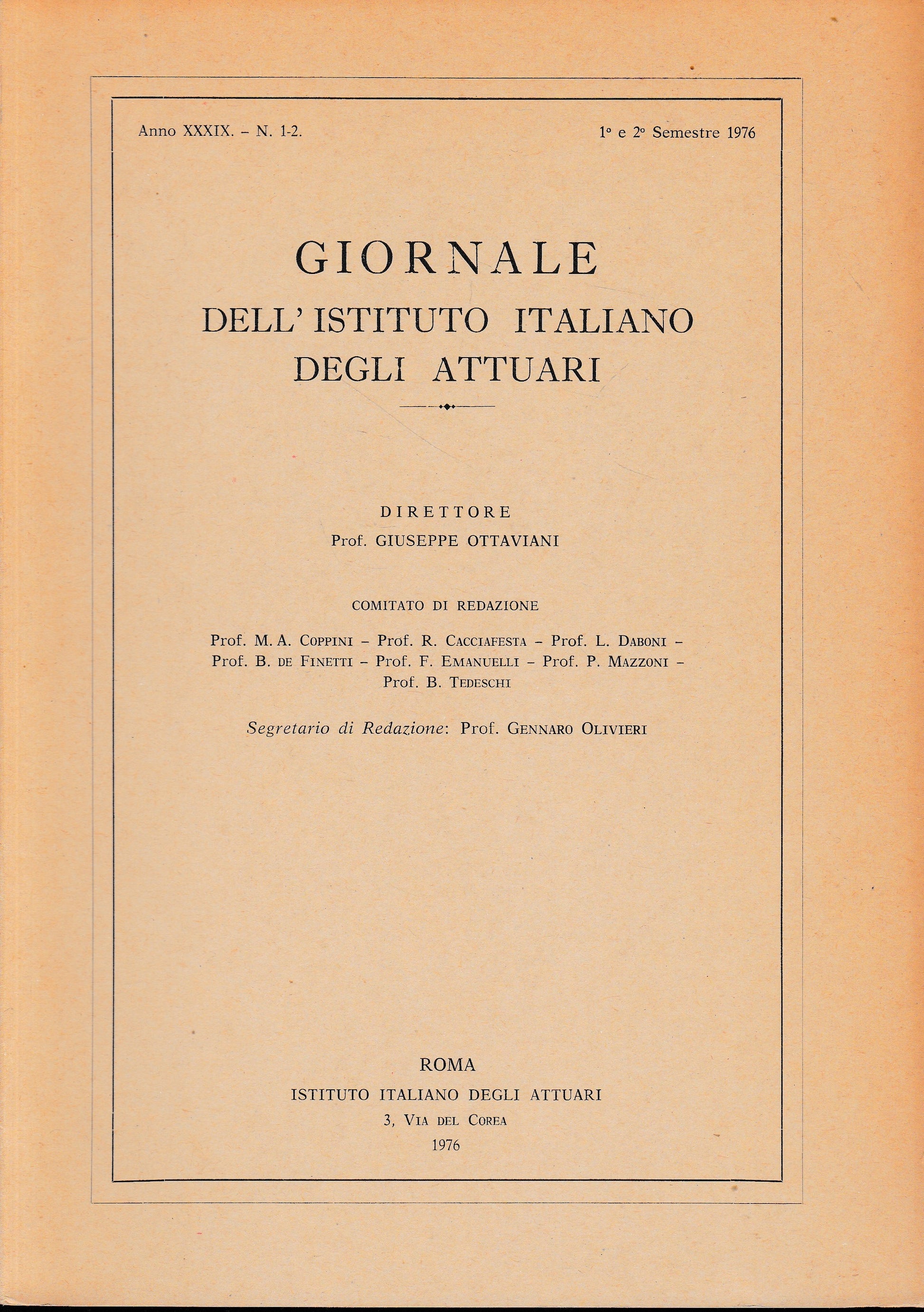 Giornale dell'Istituto Italiano degli Attuari. Anno XXXIX - n. 1-2, 1° e 2° semestre 1976 - copertina