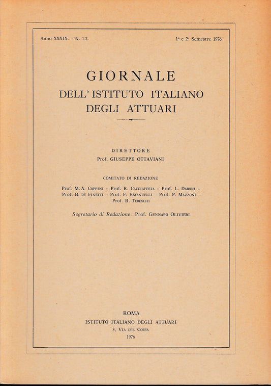 Giornale dell'Istituto Italiano degli Attuari. Anno XXXIX - n. 1-2, 1° e 2° semestre 1976 - copertina