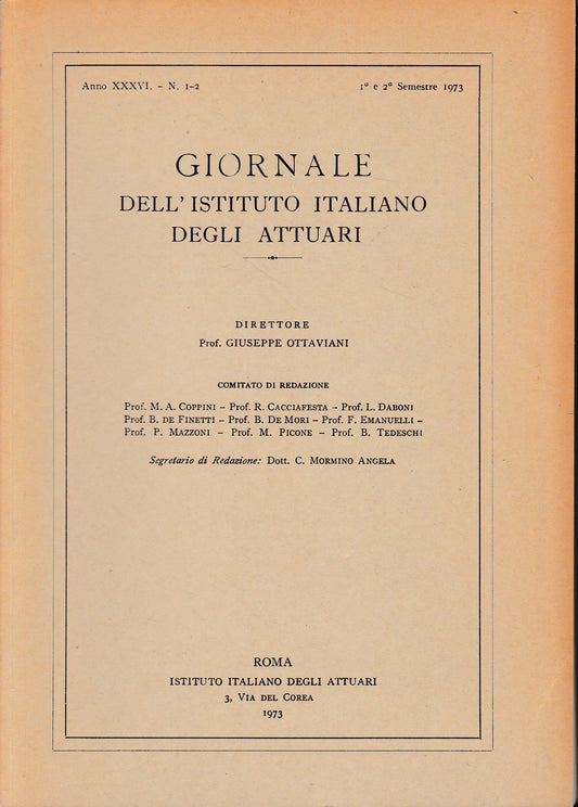 Giornale dell'Istituto Italiano degli Attuari. Anno XXXVI - n. 1-2, 1°e 2° semestre 1973 - copertina
