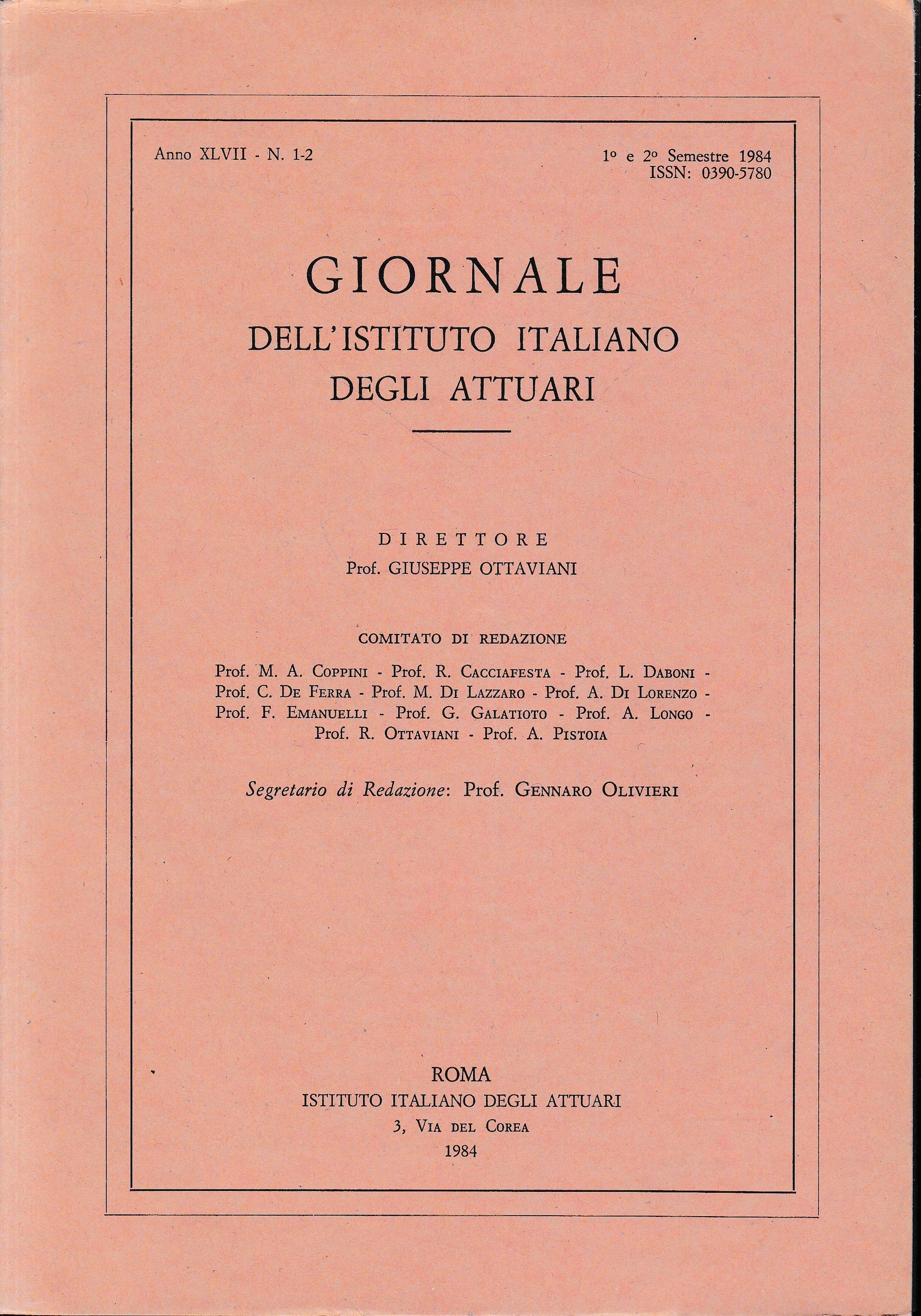 Giornale dell'Istituto Italiano degli Attuari. Anno XLVII - n. 1-2, 1°e 2° semestre 1984 - copertina