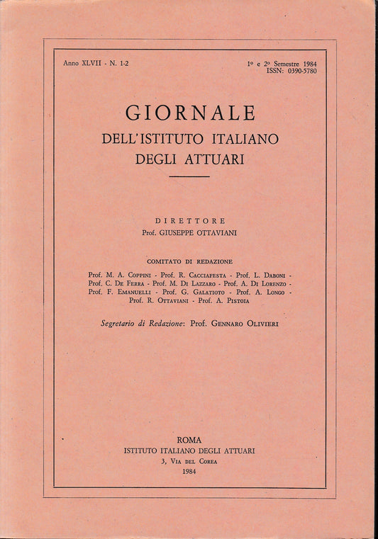 Giornale dell'Istituto Italiano degli Attuari. Anno XLVII - n. 1-2, 1°e 2° semestre 1984 - copertina