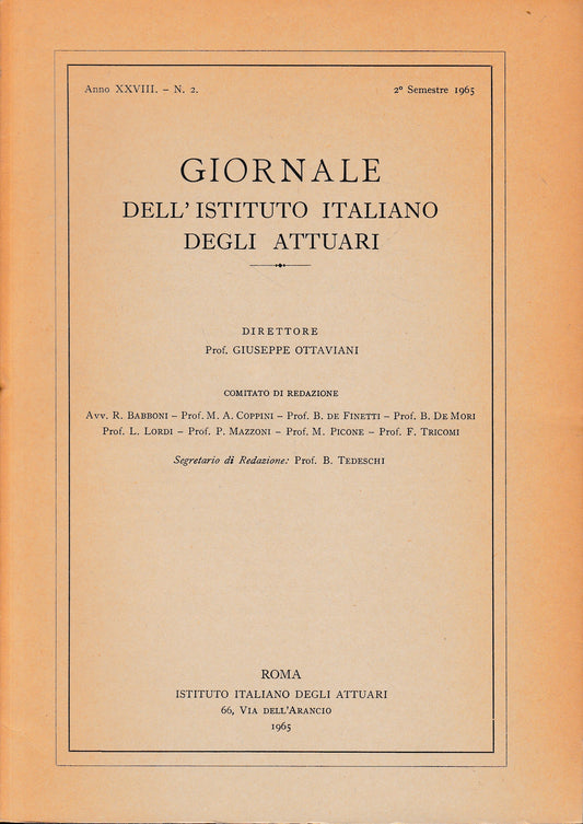Giornale dell'Istituto Italiano degli Attuari. Anno XXVIII - n. 2, 2° semestre 1965 - copertina