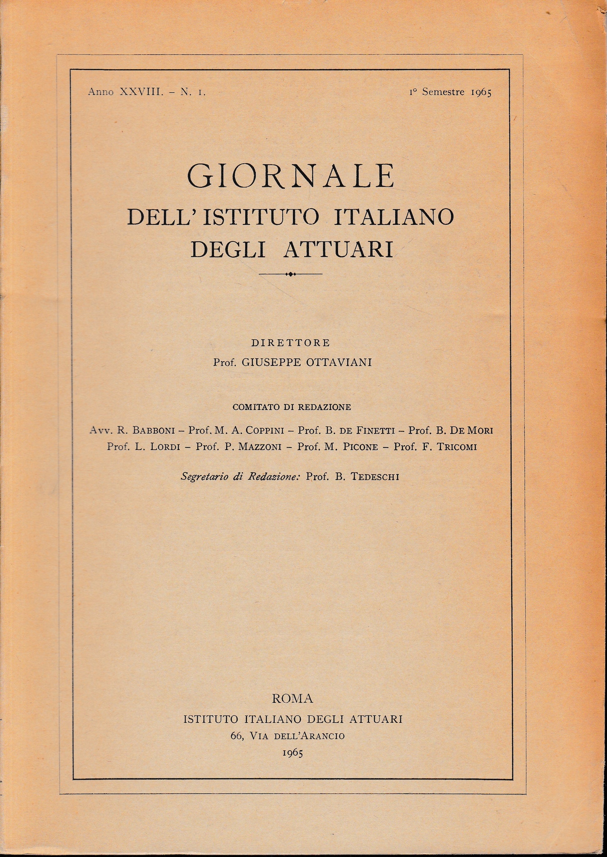 Giornale dell'Istituto Italiano degli Attuari. Anno XXVIII - n. 1, 1° semestre 1965 - copertina