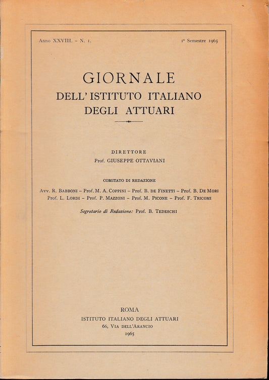 Giornale dell'Istituto Italiano degli Attuari. Anno XXVIII - n. 1, 1° semestre 1965 - copertina