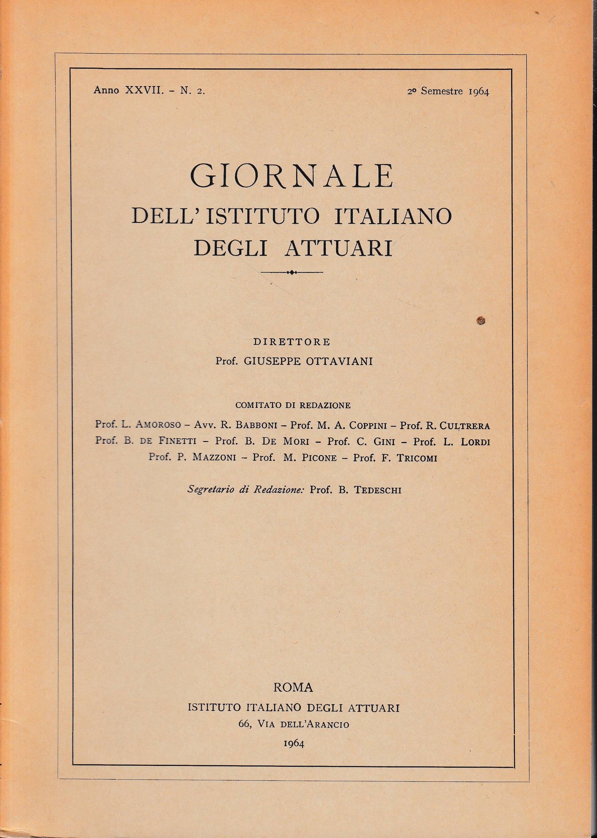 Giornale dell'Istituto Italiano degli Attuari. Anno XXVII - n. 2, 2° semestre 1964 - copertina