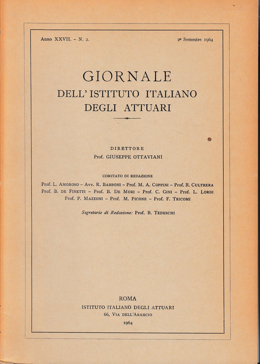 Giornale dell'Istituto Italiano degli Attuari. Anno XXVII - n. 2, 2° semestre 1964 - copertina
