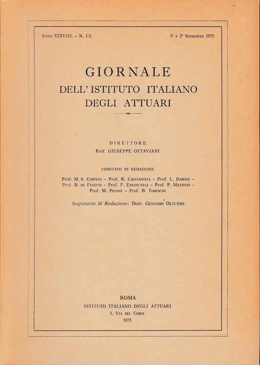 Giornale dell'Istituto Italiano degli Attuari. Anno XXXVIII- n. 1-2, 1° e 2° semestre 1975 - copertina