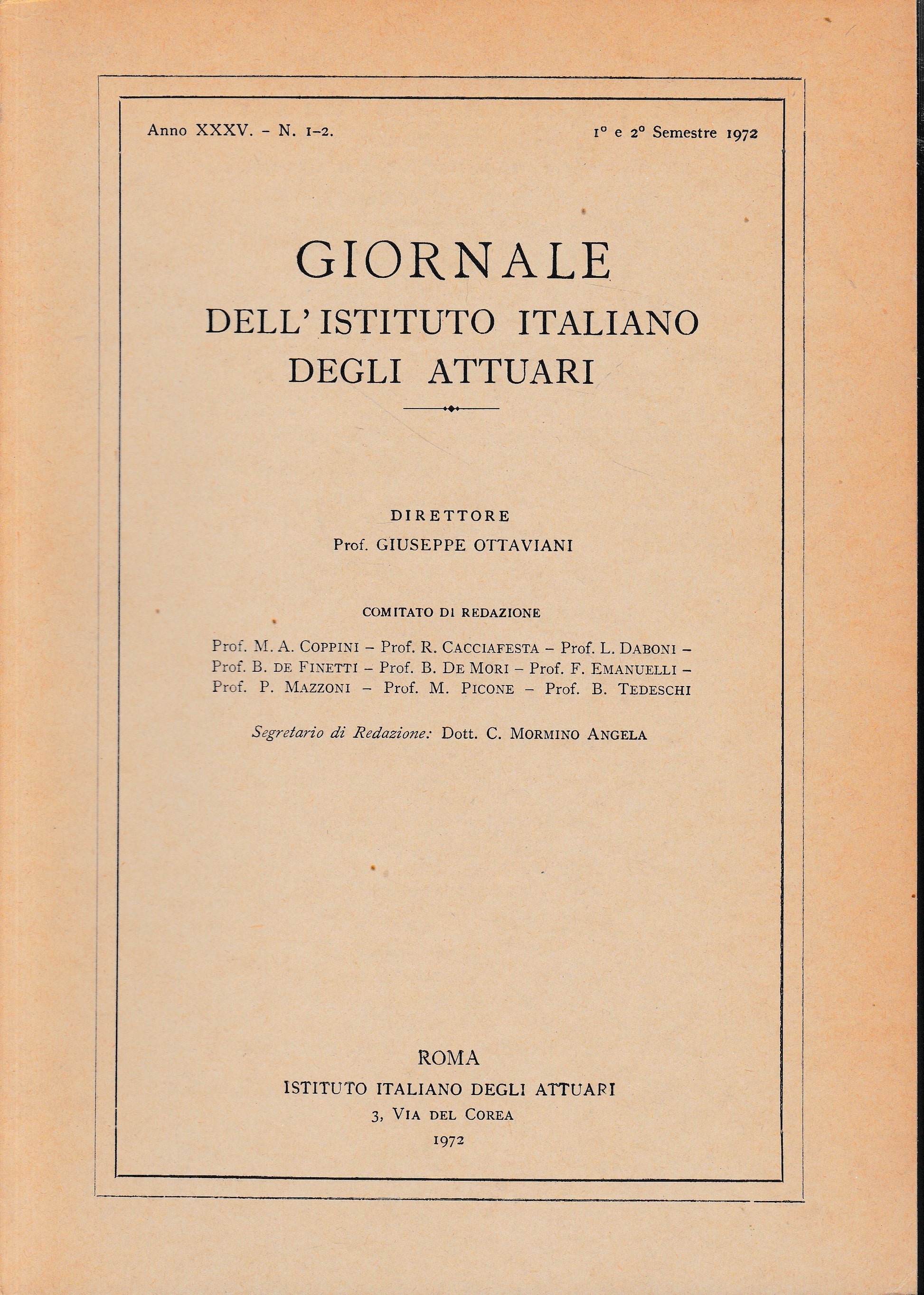 Giornale dell'Istituto Italiano degli Attuari. Anno XXXV - n. 1-2, 1° e 2° semestre 1972 - copertina