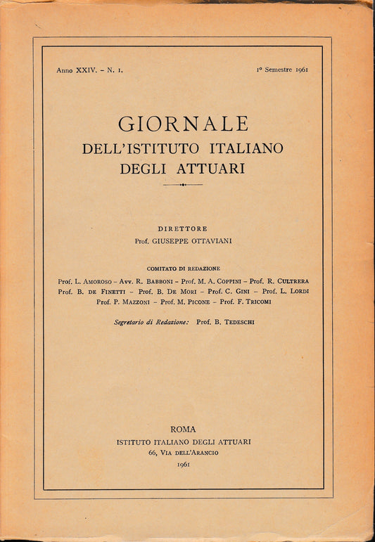 Giornale dell'Istituto Italiano degli Attuari. Anno XXIN - n. 1, 1° semestre 1961 - copertina