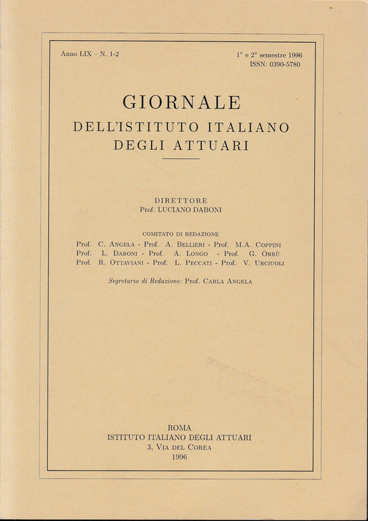 Giornale dell'Istituto Italiano degli Attuari. Anno LIX - n. 1-2, 1°e 2° semestre 1996 (bilingue Italiano, Inglese) - copertina