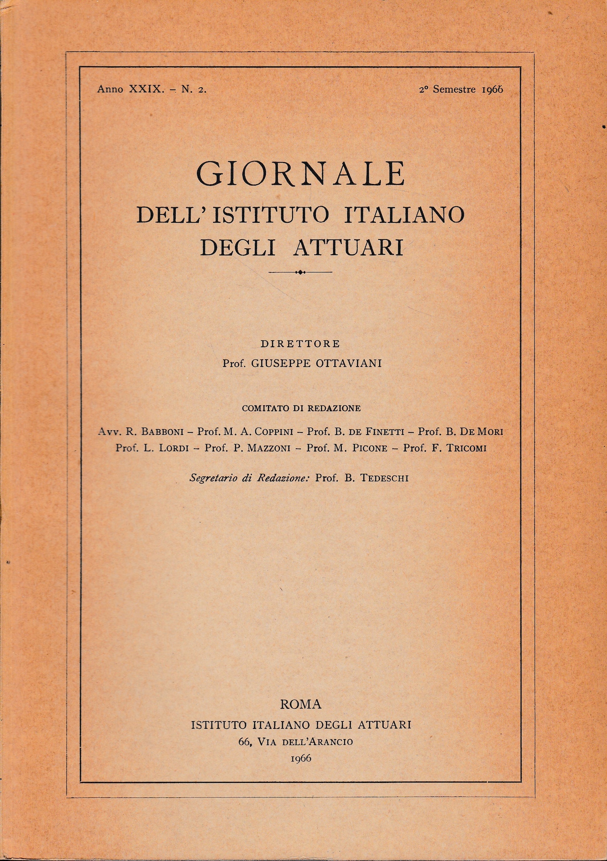 Giornale dell'Istituto Italiano degli Attuari. Anno XXIX - n. 2, 2° semestre 1966 - copertina