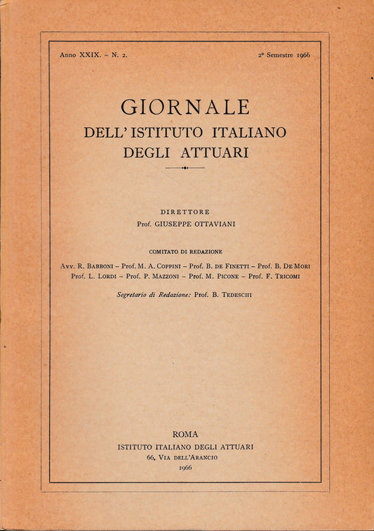 Giornale dell'Istituto Italiano degli Attuari. Anno XXIX - n. 2, 2° semestre 1966 - copertina