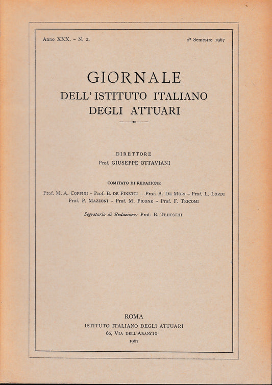 Giornale dell'Istituto Italiano degli Attuari. Anno XXX - n. 2, 2° semestre 1967 - copertina