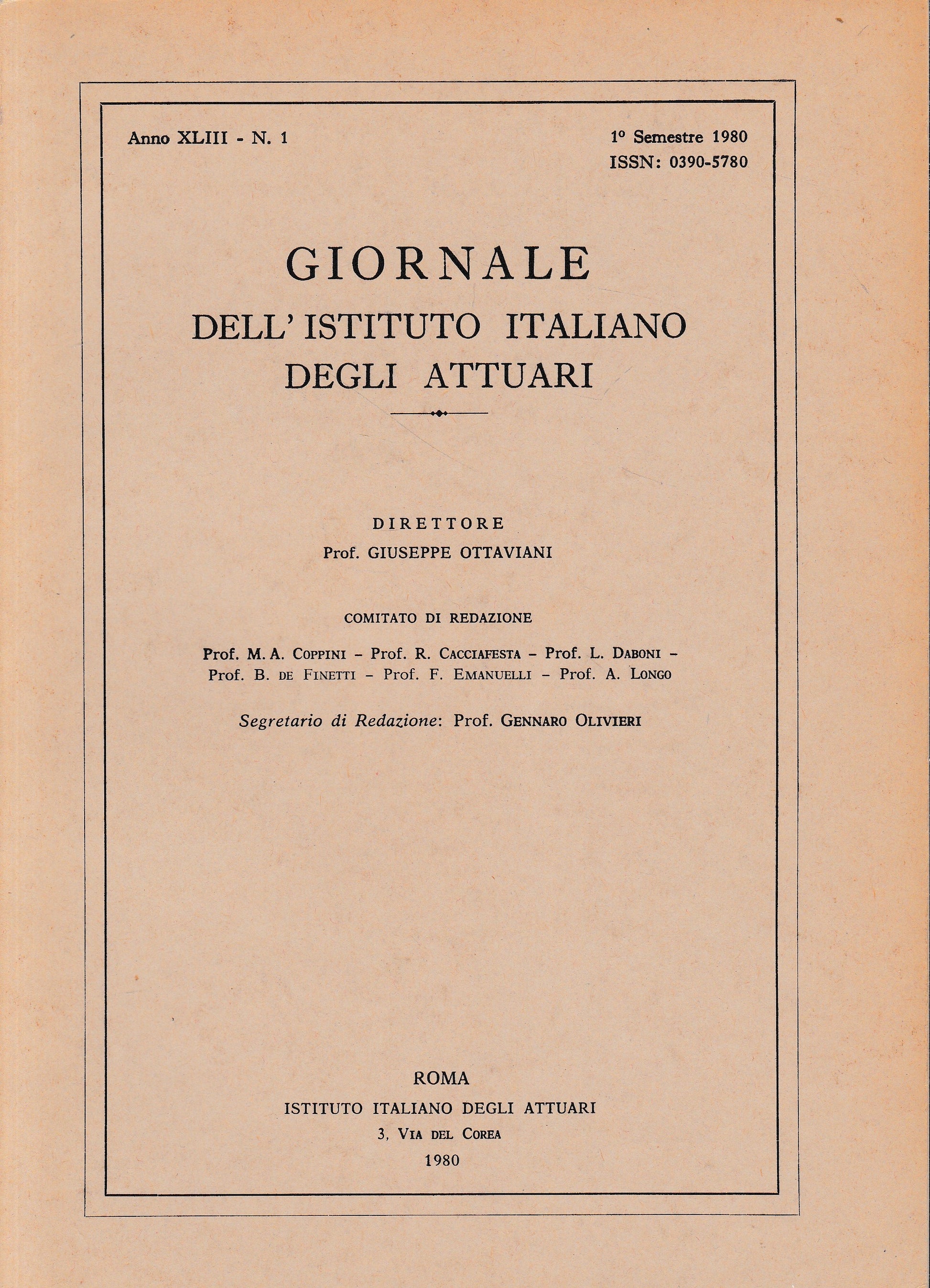 Giornale dell'Istituto Italiano degli Attuari. Anno XLIII - n. 1, 1° semestre 1980 - copertina