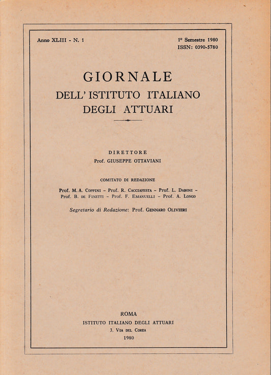 Giornale dell'Istituto Italiano degli Attuari. Anno XLIII - n. 1, 1° semestre 1980 - copertina