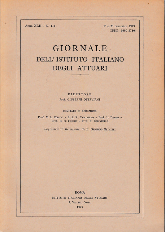 Giornale dell'Istituto Italiano degli Attuari. Anno XLII n. 1-2, 1° e 2° semestre 1979 (lingue Italiano, Inglese, Francese) - copertina