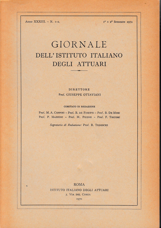 Giornale dell'Istituto Italiano degli Attuari. Anno 1° e 2° semestre 1970 - copertina
