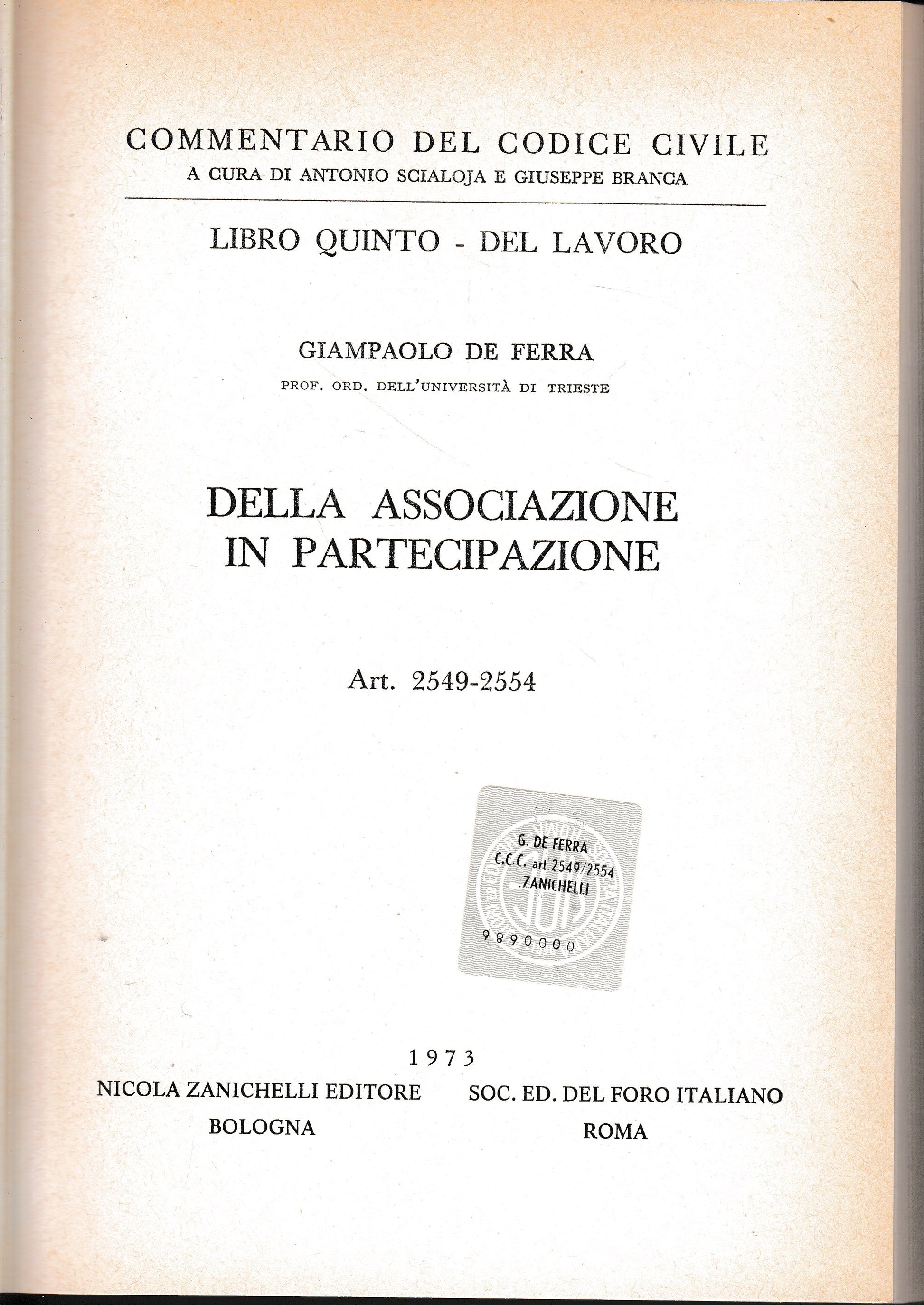 Della associazione in partecipazione. Art. 2549-2554 - copertina