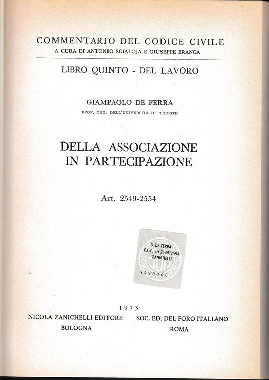 Della associazione in partecipazione. Art. 2549-2554 - copertina